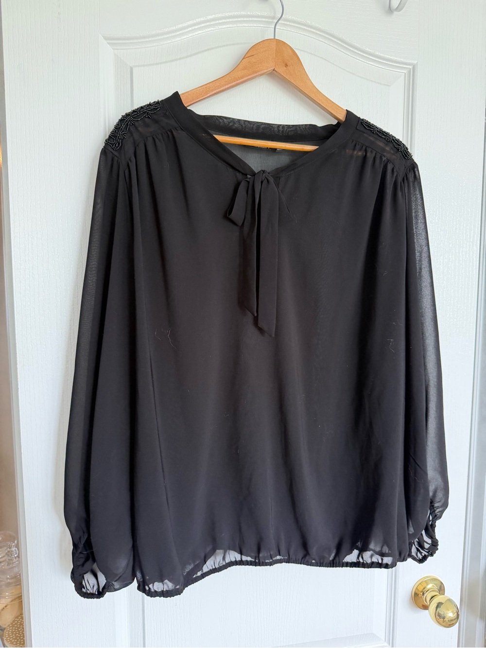 Black Long-Sleeve Tie-Neck Sheer Blouse with jet beading on shoulders - Women